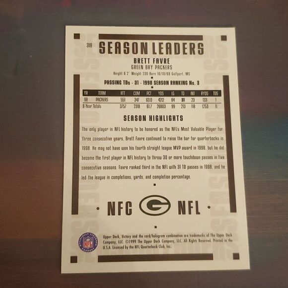 1999 Upper Deck Mint Condition Brett Favre Football Card Mounted on Wood Plaque - Picture 4 of 5